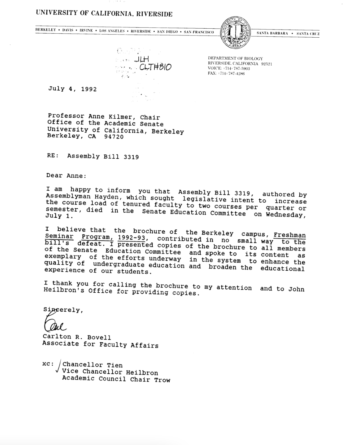 Letter from Carlton R. Bovell to Anne Kilmer, dated July 4, 1992