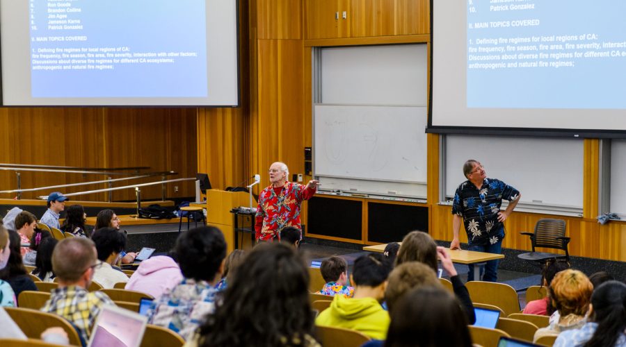 Professors Kent Lightfoot and Scott Stephens teaching in a lecture hall